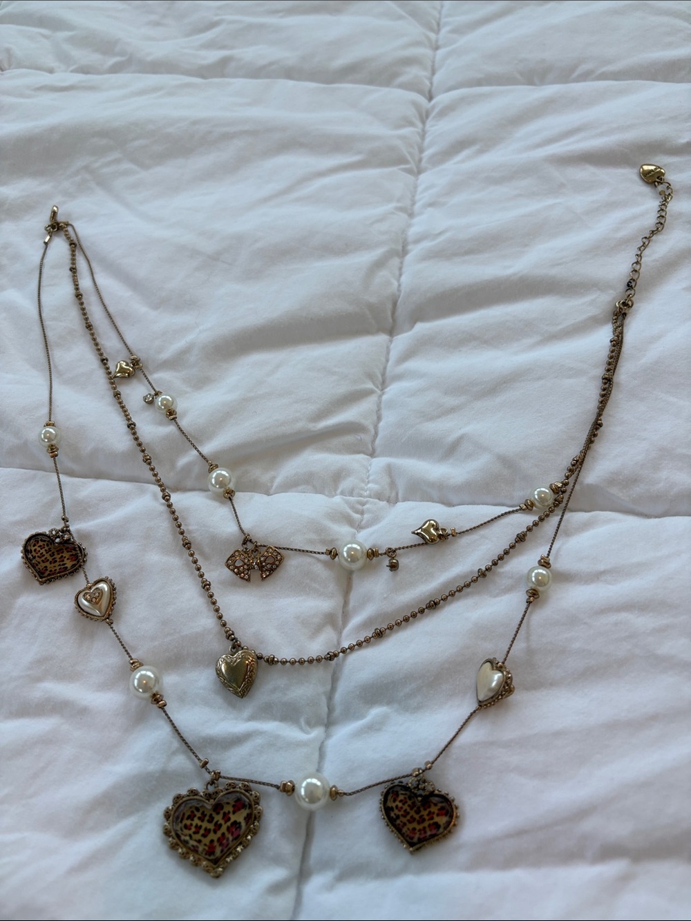 Betsey Johnson vintage Layered Gold Pearl and Leopard Print Heart Necklace